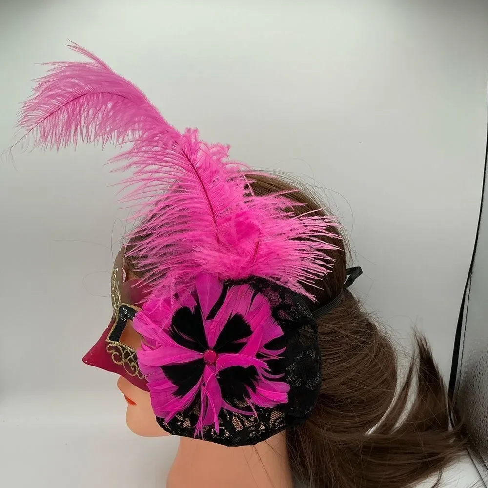 Pink and Gold Masquerade Mask with Feather.Hand painted in Italy